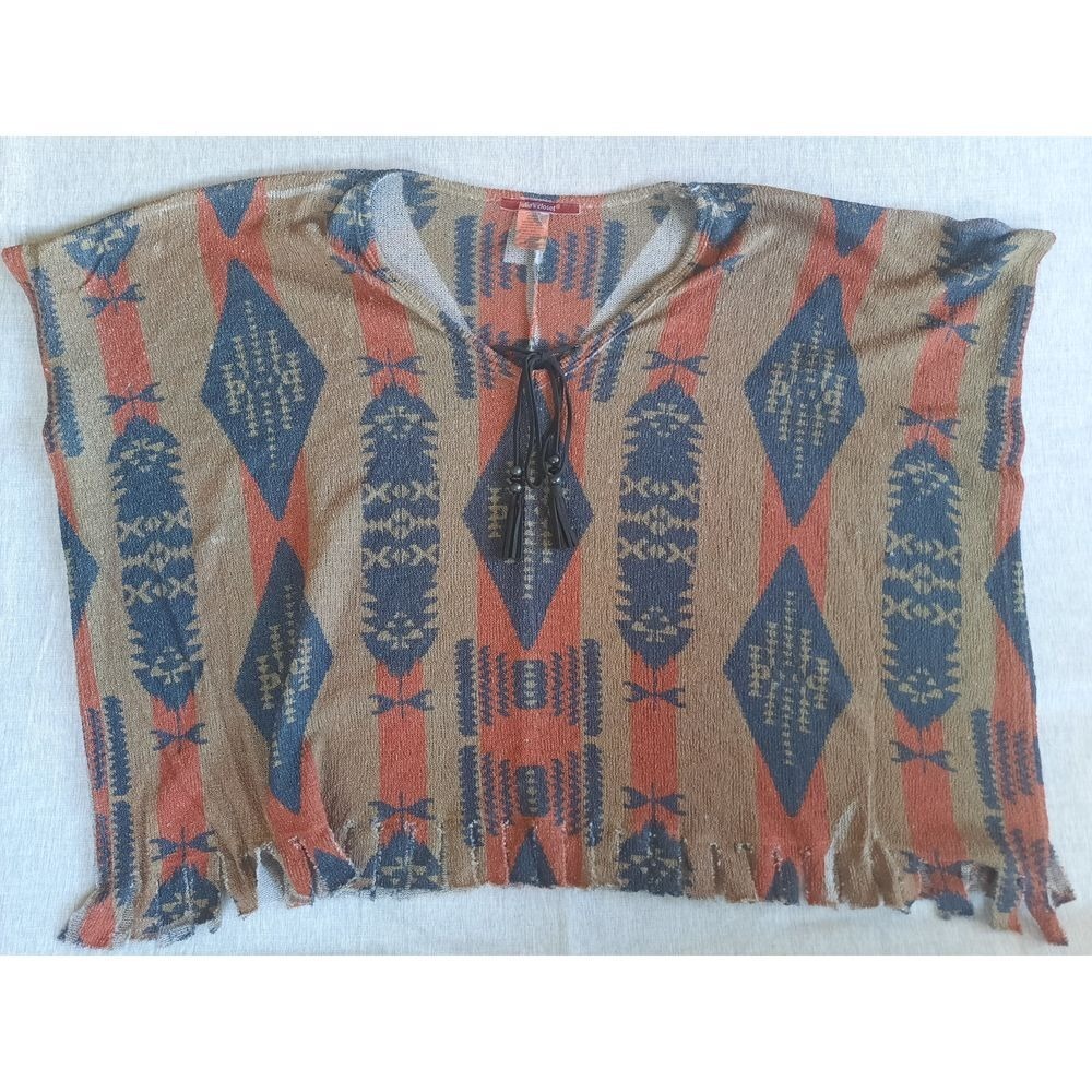 Julie's Closet XL Southwestern Poncho Top Tassel Fringe Geometric Rust Blue